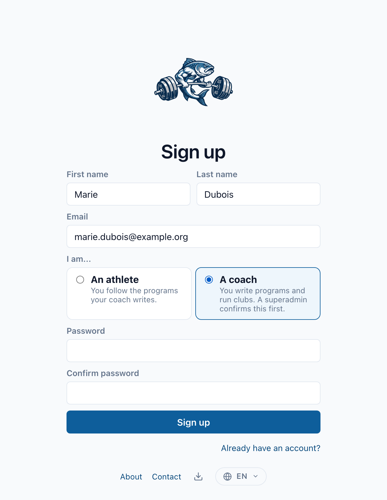 The sign-up form with "A coach" selected