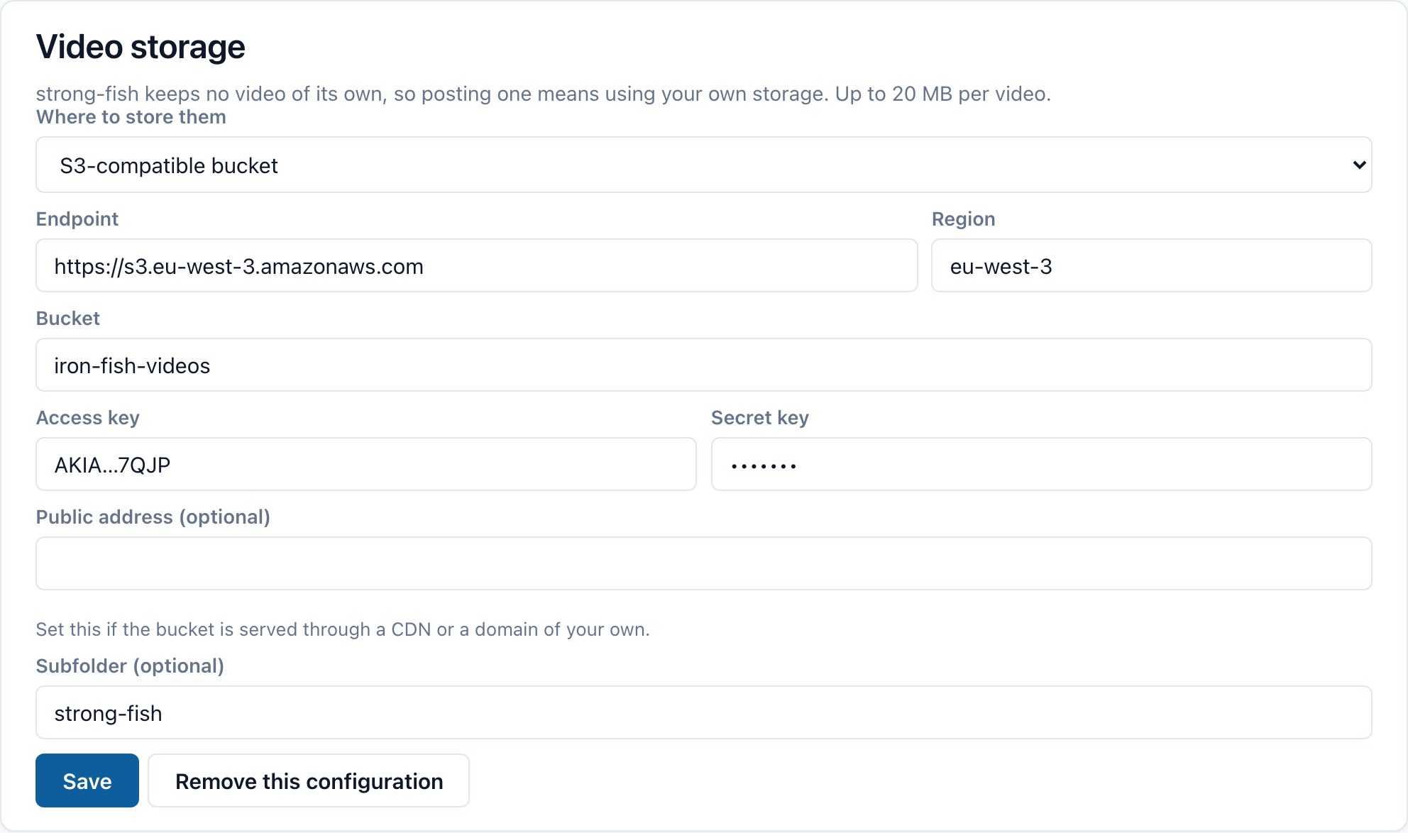 Video storage configured against an S3 bucket